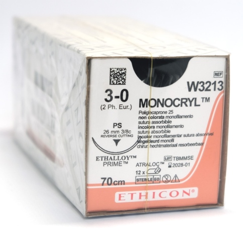 Монокрил W3213 3/0 (обратно-режущая PS Prime 26мм, неокрашенная 70 см, окр. 3/8) 12шт фото 1